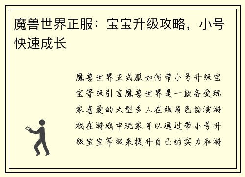 魔兽世界正服：宝宝升级攻略，小号快速成长